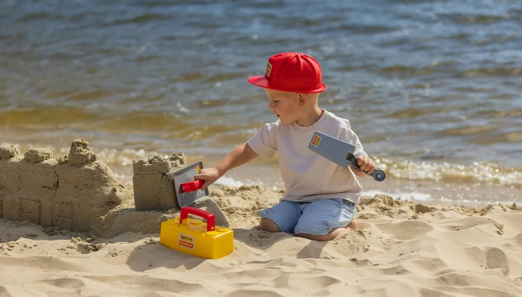 child building a sand castle on the beach